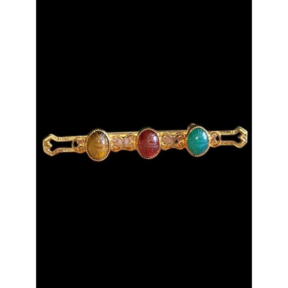 Tri Color Stone Gold-tone Textured Bar Pin - Picture 1 of 3
